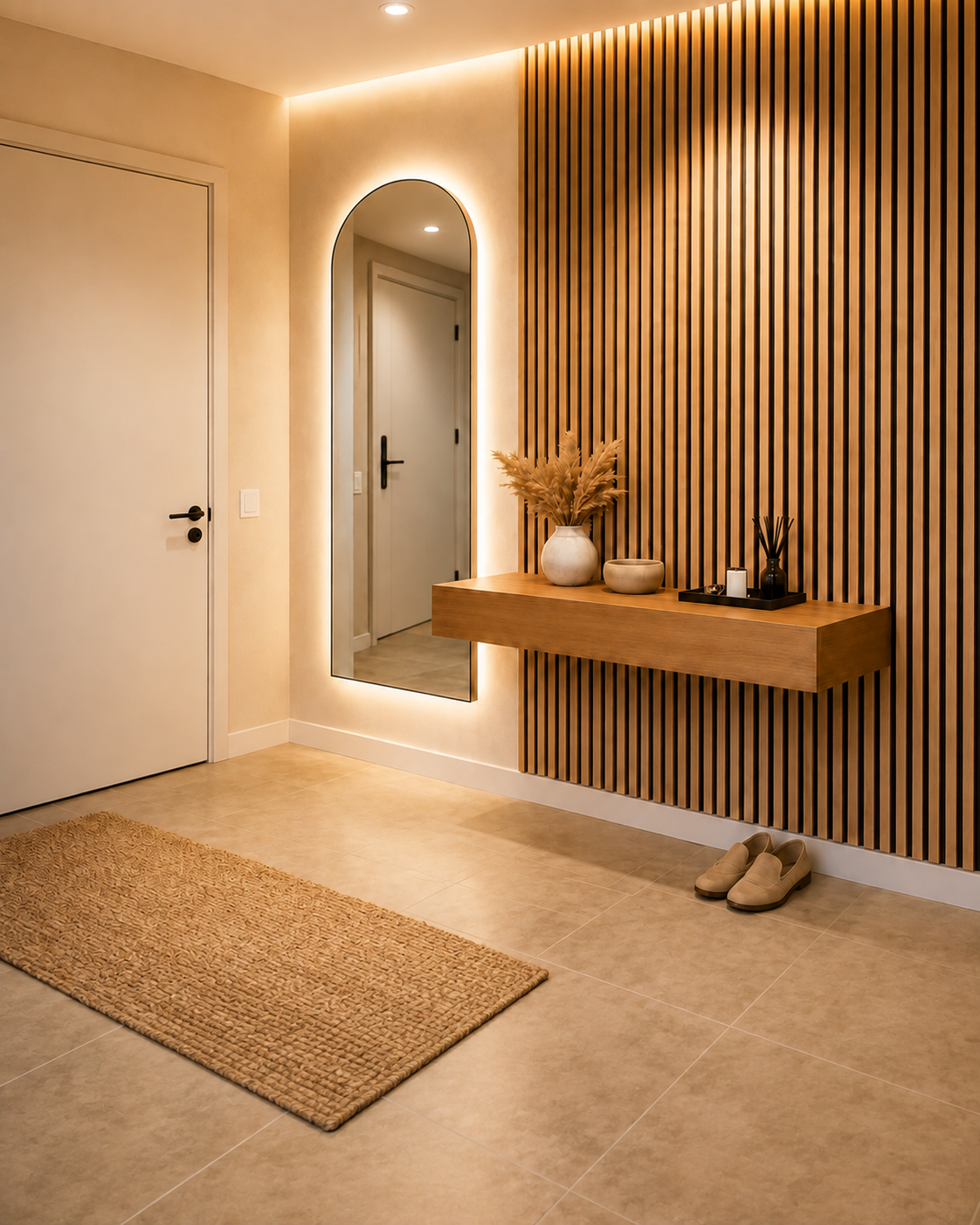 Entrée Oslo avec tasseaux bois, console suspendue et miroir lumineux