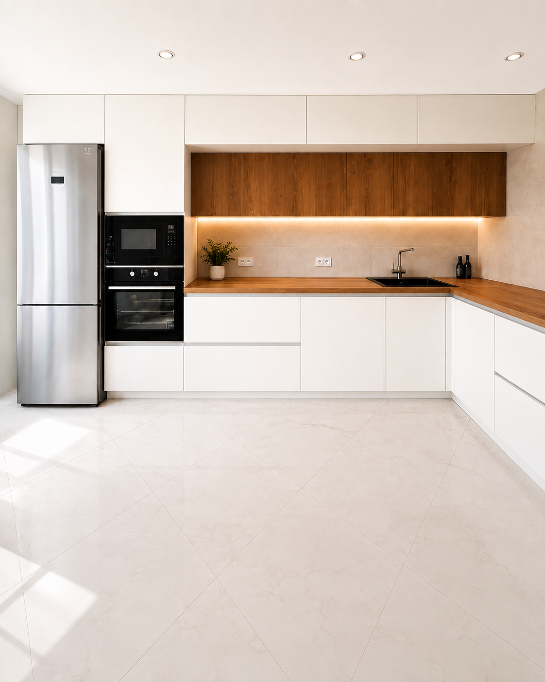 Cuisine Roma blanche avec décor noyer
