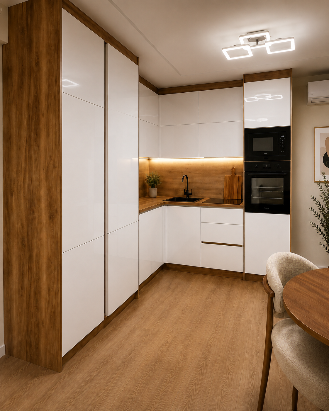 Cuisine Studio blanche avec décor noyer